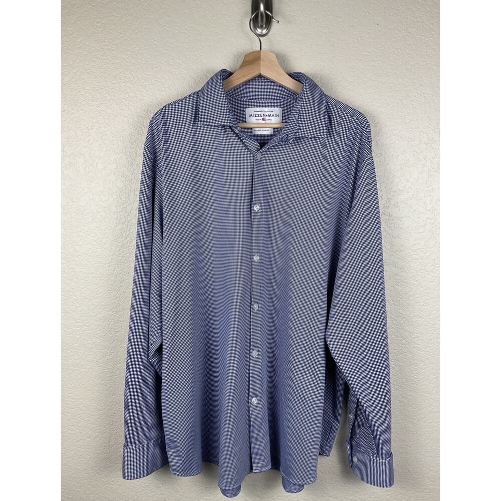 Mizzen+Main Mens Spinnaker Dress Shirt Blue White Micro Gingham Performance